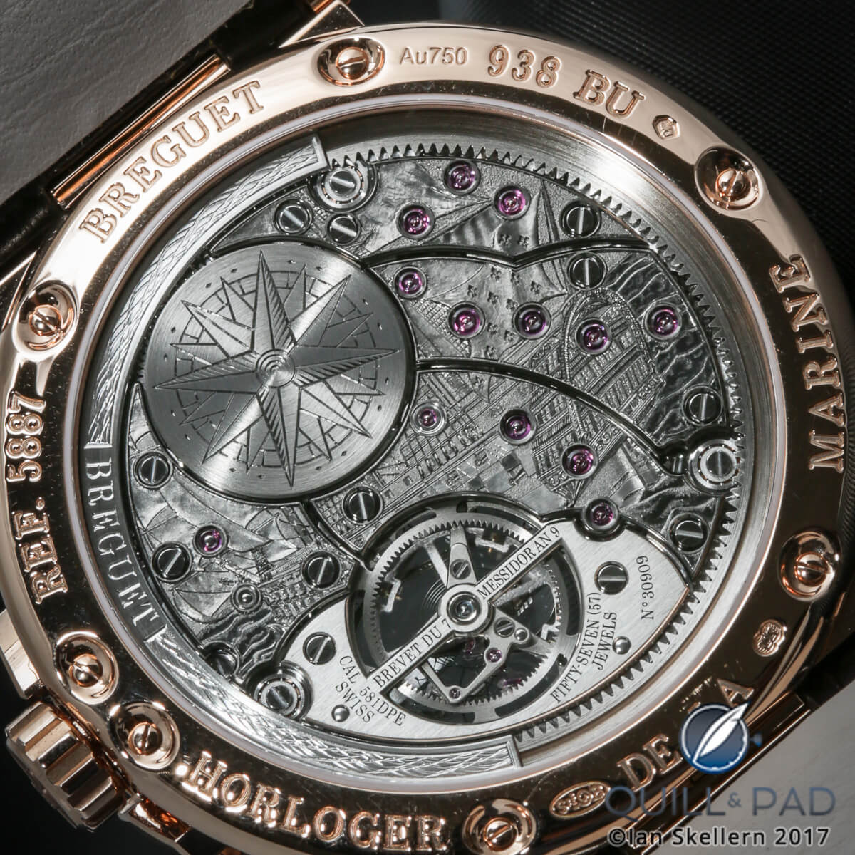 View through the display back to the engraved movement of theBreguet Marine Équation Marchante Ref. 5887