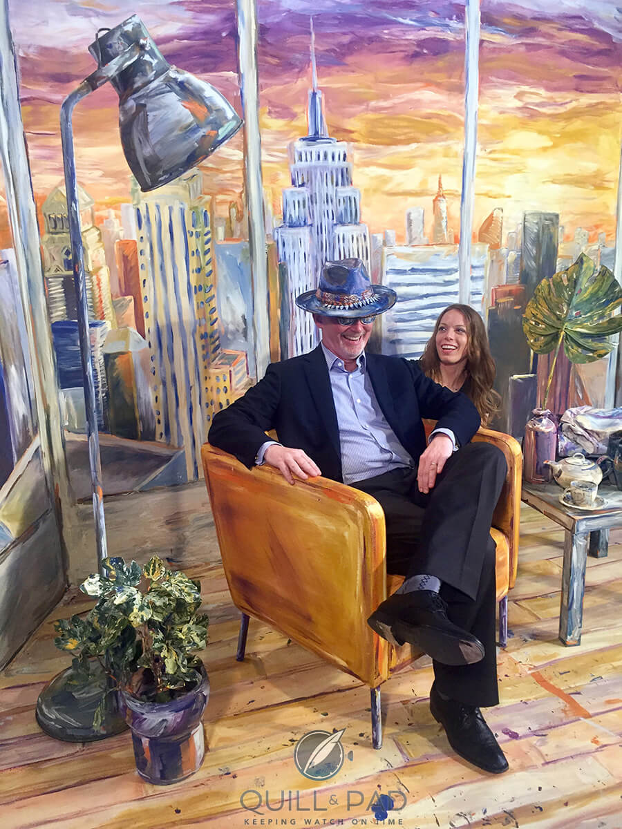 Wearing the hat: the author with artist Alexa Meade at Baselworld 2017 (photo courtesy MichaelH)