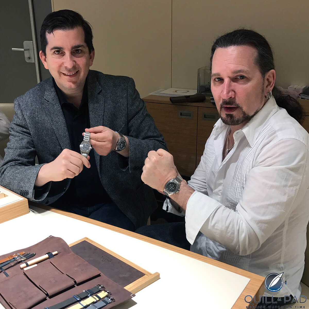 Kiss drummer Eric Singer (right) with Tob Caplan of Topper checking out watches at the Omega booth at Baselworld 2017 (photo courtesy Rob Caplan)