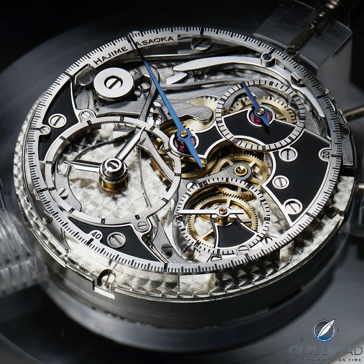 Uncased Hajime Asaoka Chronograph movement, note the beautifully sculptured hour and minute hands