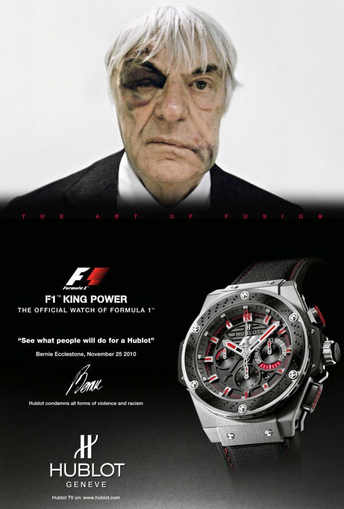 Hublot's controversial ad in collaboration with Formula 1 head Bernie Ecclestone after being mugged