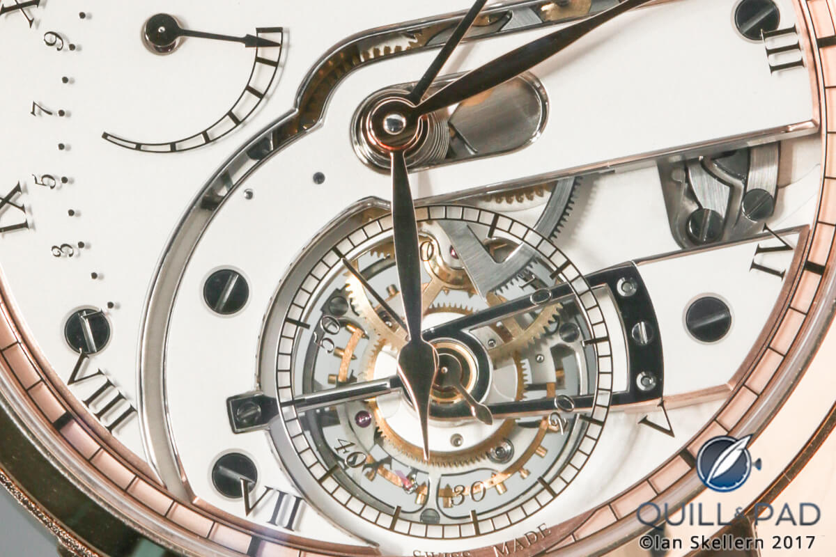 Close up look at the tourbillon visible through the dial of the James Pellaton Chronometer Royal Marine