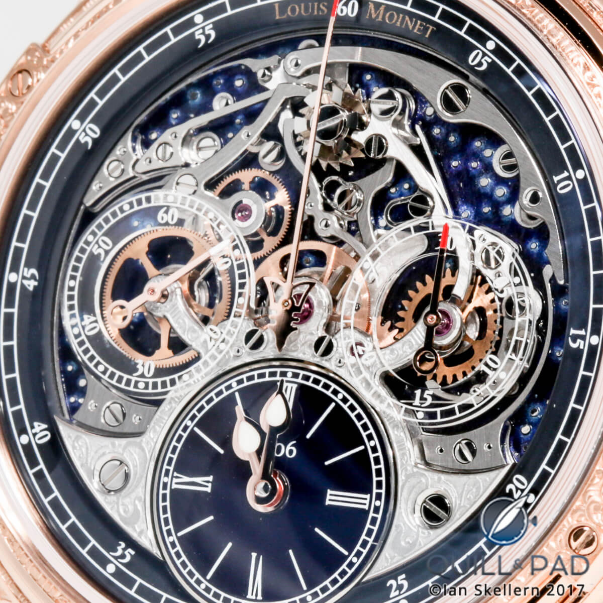 Close up look dial side of the Louis Moinet Memoris Red Eclipse