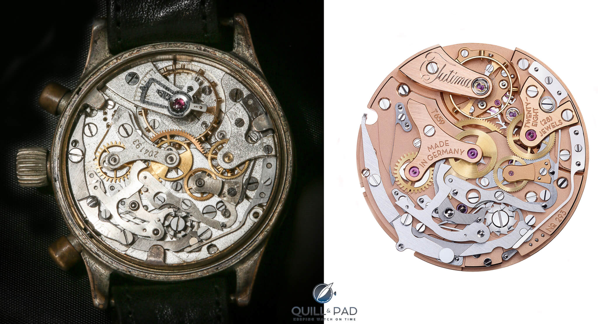 Two flyback chronographs: Urofa Caliber 59 from 1940s (left) and new Tutima Caliber T659
