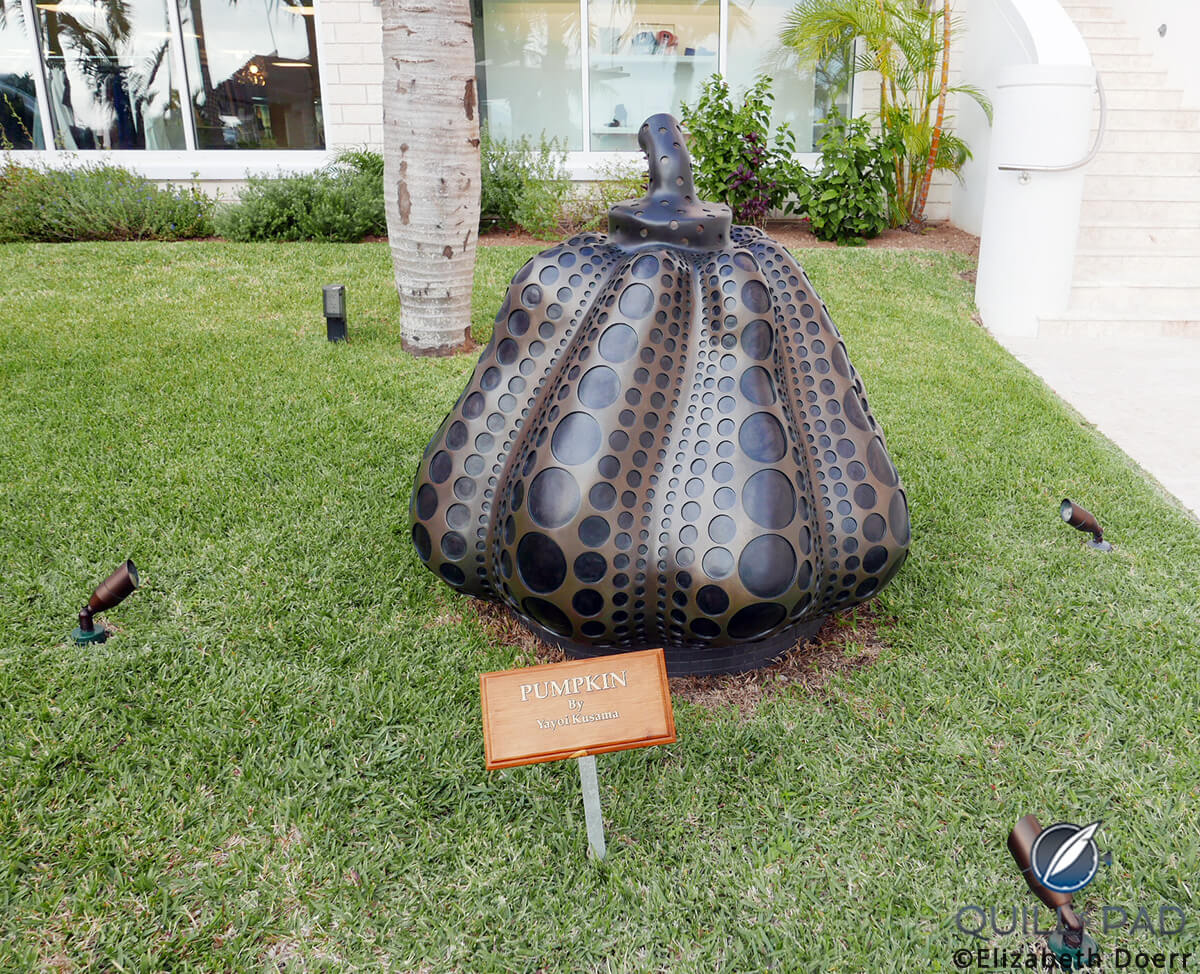 The bronze sculpture ‘Pumpkin’ by Yayoi Kusama in the courtyard of the Hamilton Princess & Beach Club in Bermuda