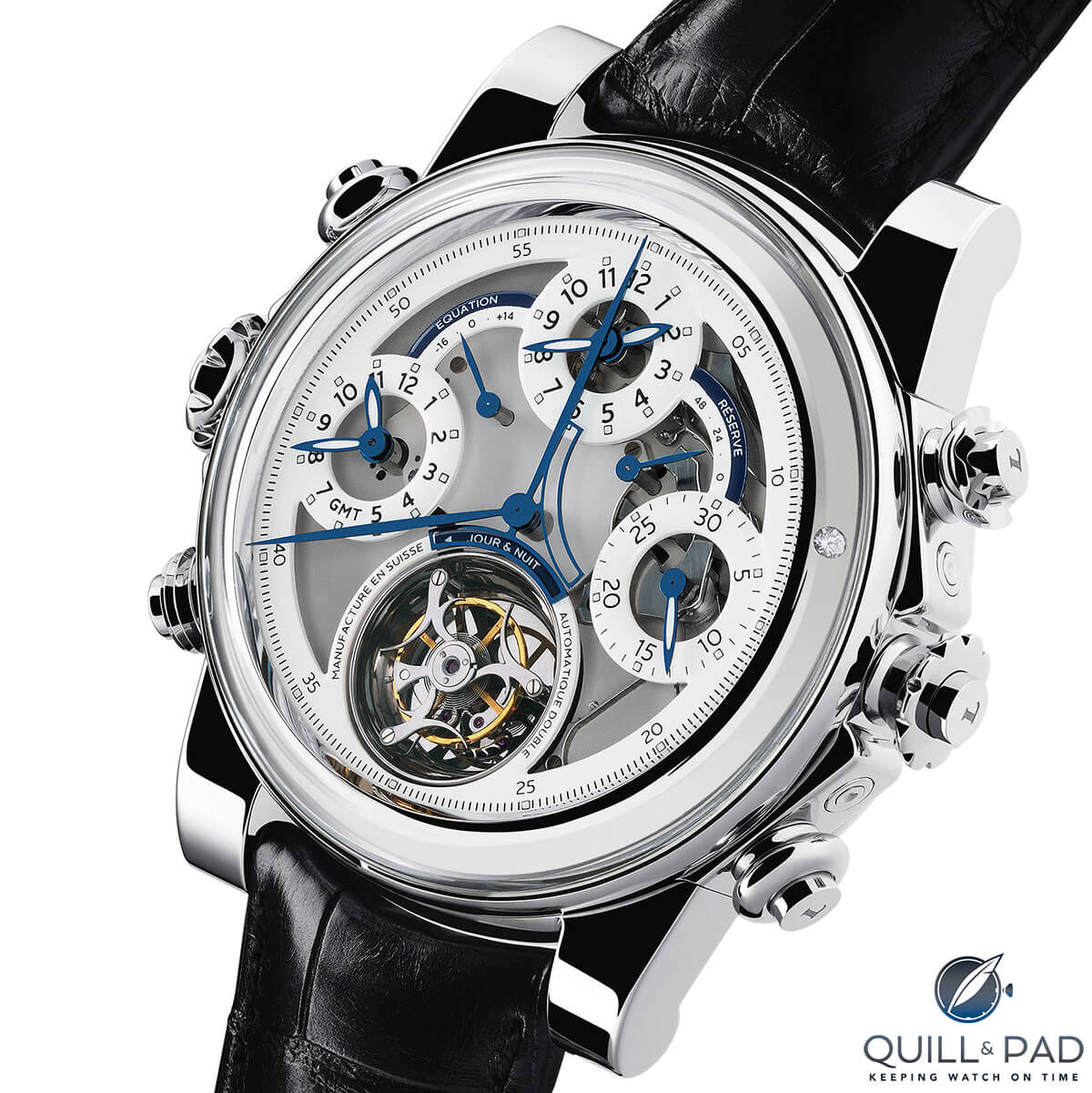 The time indication side of the Dominique Loiseau 1f4 featuring among other indications a split seconds chronograph, power reserve, equation of time, GMT, flying tourbillon and peripheral automatic winding rotor with a single embedded diamond