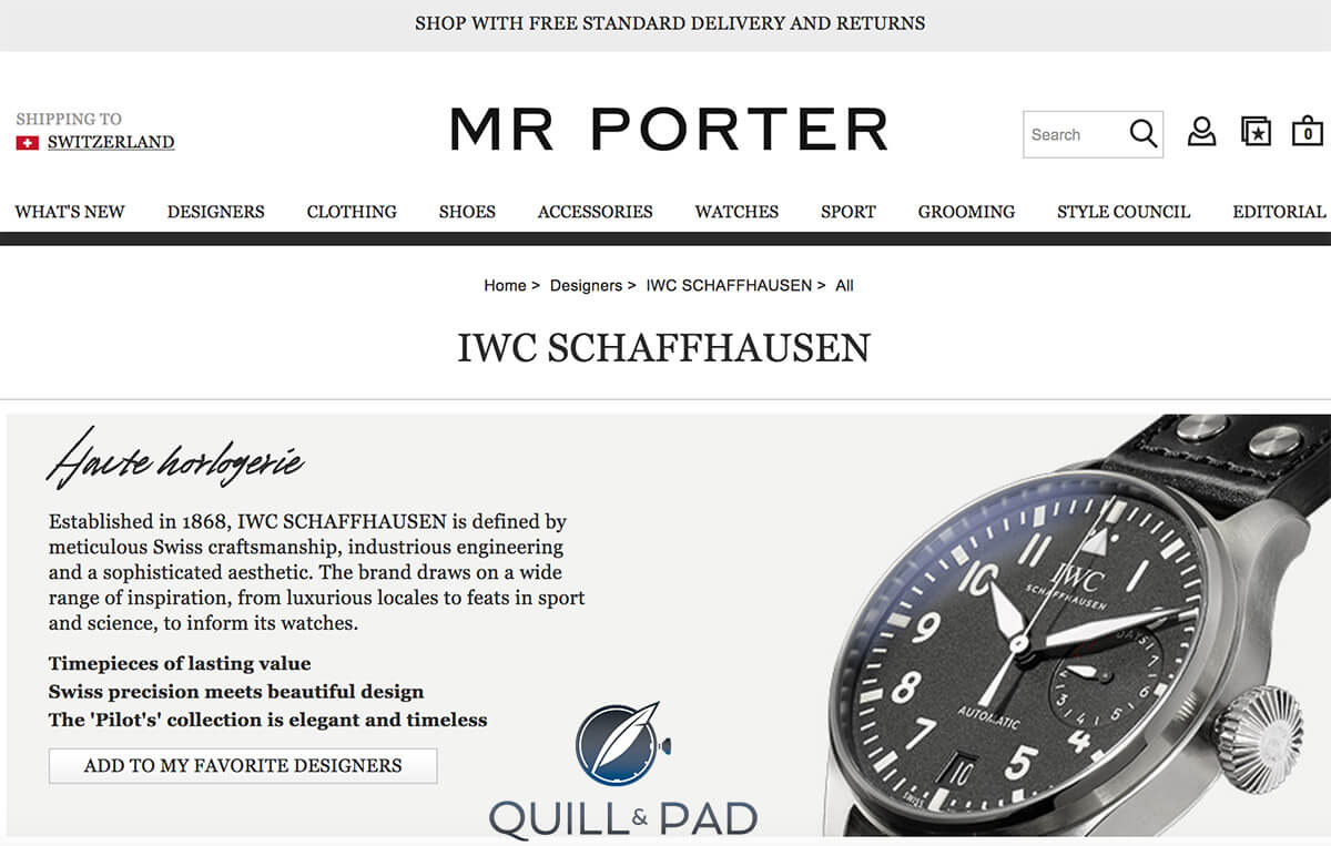 IWC on the Mr Porter internet sales platform