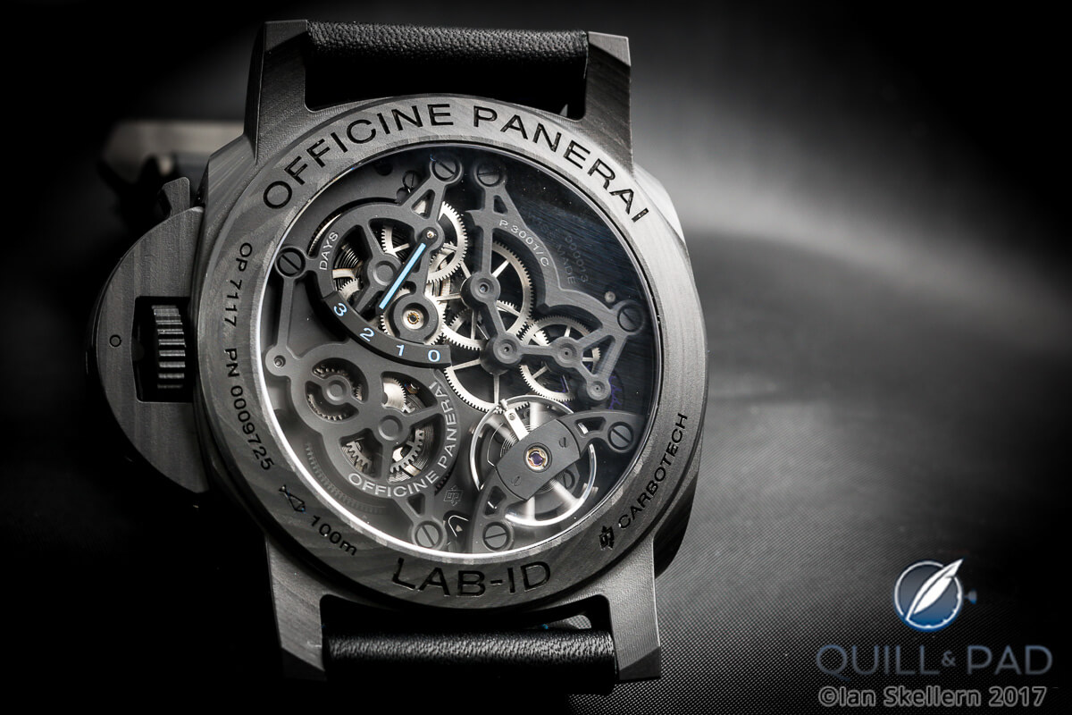 View through the display back of the Panerai Lab-ID Luminor 1950 Carbotech 3 Days