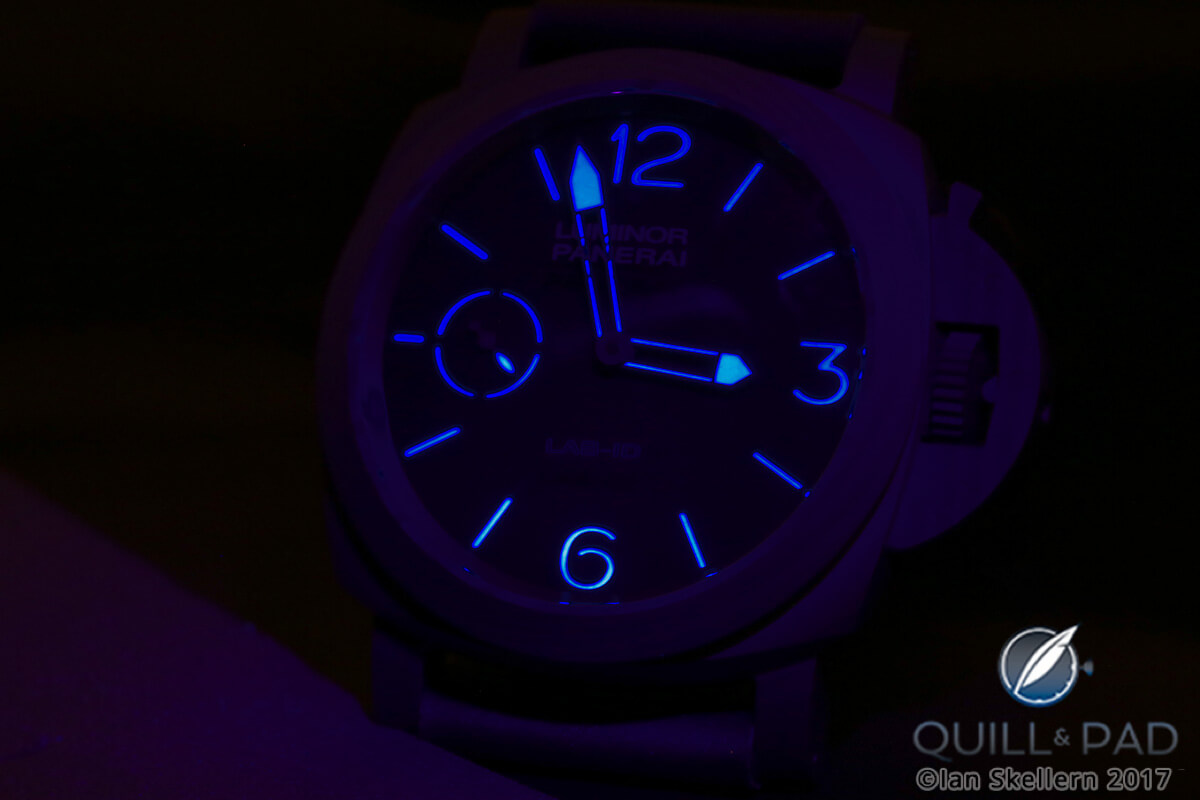 Panerai Lab-ID Luminor 1950 Carbotech 3 Days glowing blue when the lights go down