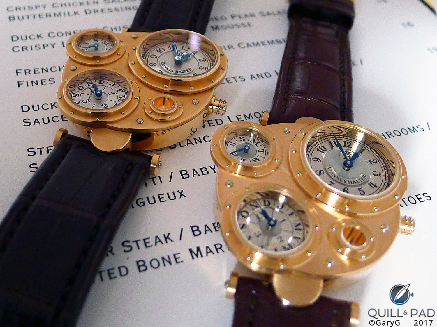 On the menu? Two pink gold Antiqua Perpetual Calendars by Vianney Halter