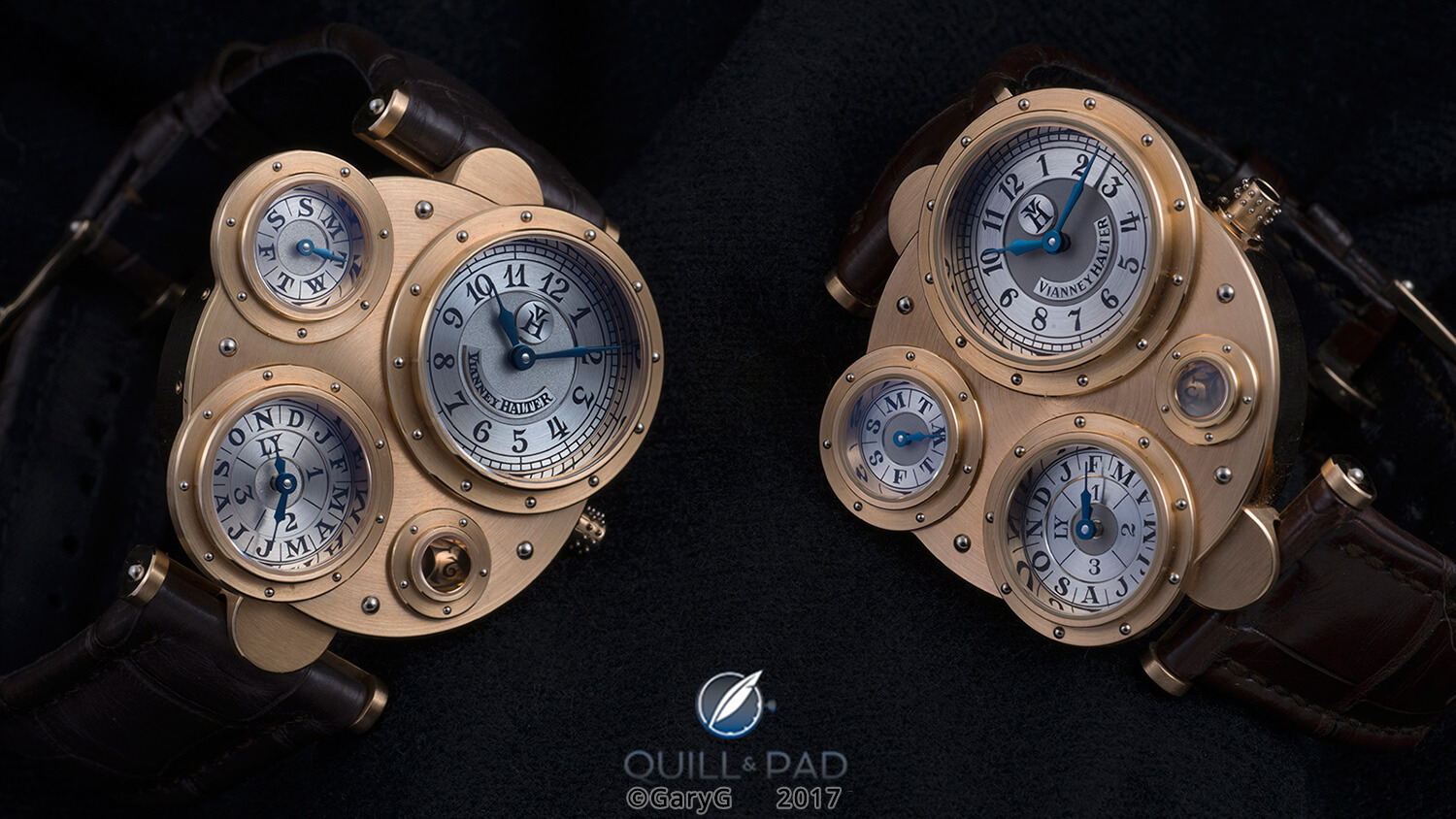 Side by side: two examples of Vianney Halter’s Antiqua in pink gold