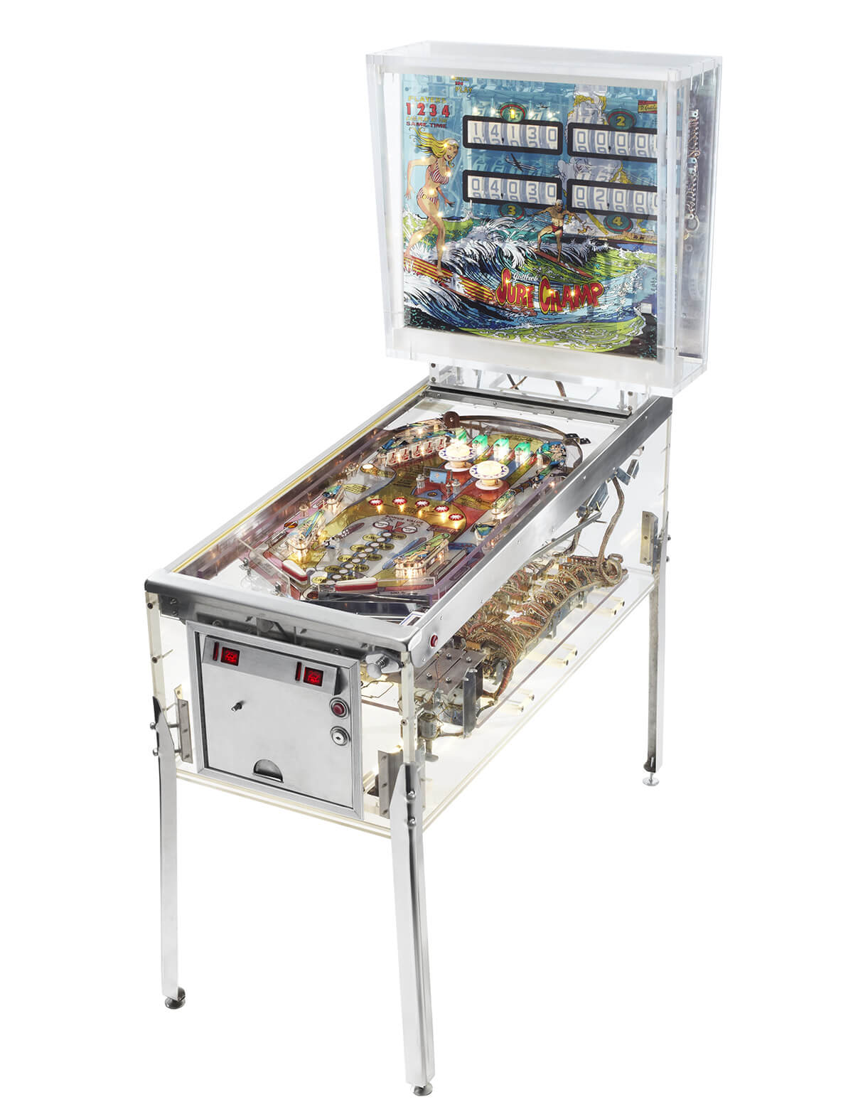 A clear walled electromechanical pinball machine created by the Pacific Pinball Museum to show what the insides of pinball machines look like