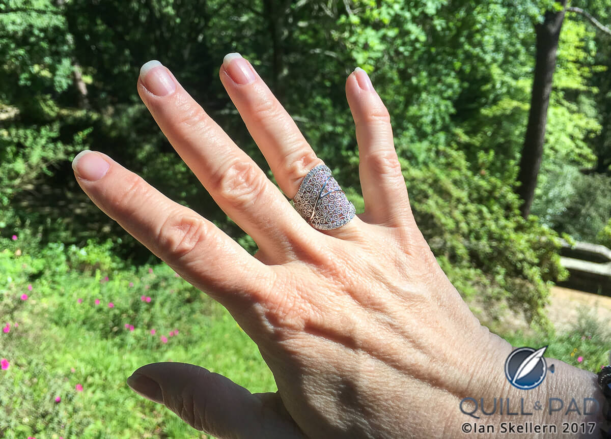 An 18-karat white gold ring from Eleuterio’s Heritage collection on the author’s finger