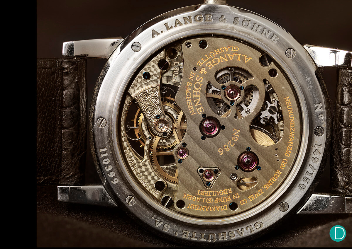 View through the display back of a stainless steel A. Lange & Söhne Tourbillon Pour Le Mérite