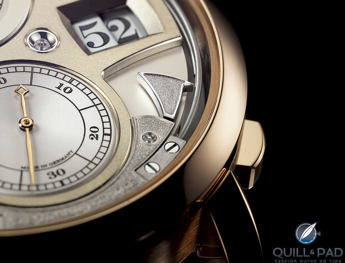 Close look at the beautiful tremblage finishing on the hammer and bridge A. Lange & Söhne Zeitwerk Decimal Strike