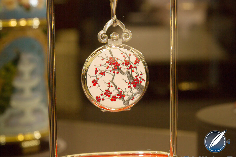 Patek Philippe’s Japanese Cherry unique piece pocket watch from 2015 uses engraving and enamel to recreate the poetry of the Japanese cherry tree in white gold