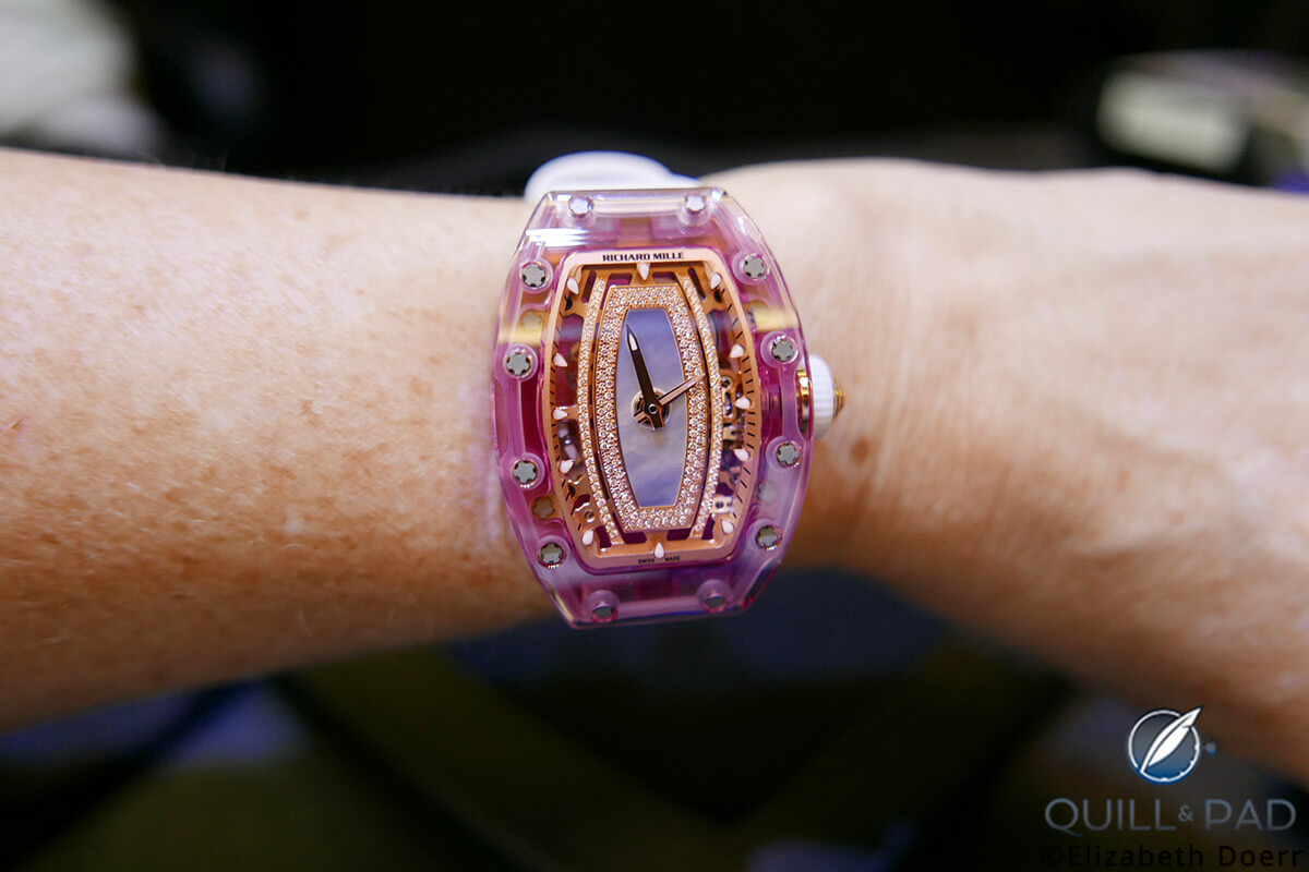 The Richard Mille RM 07-02 Pink Lady Sapphire on the wrist