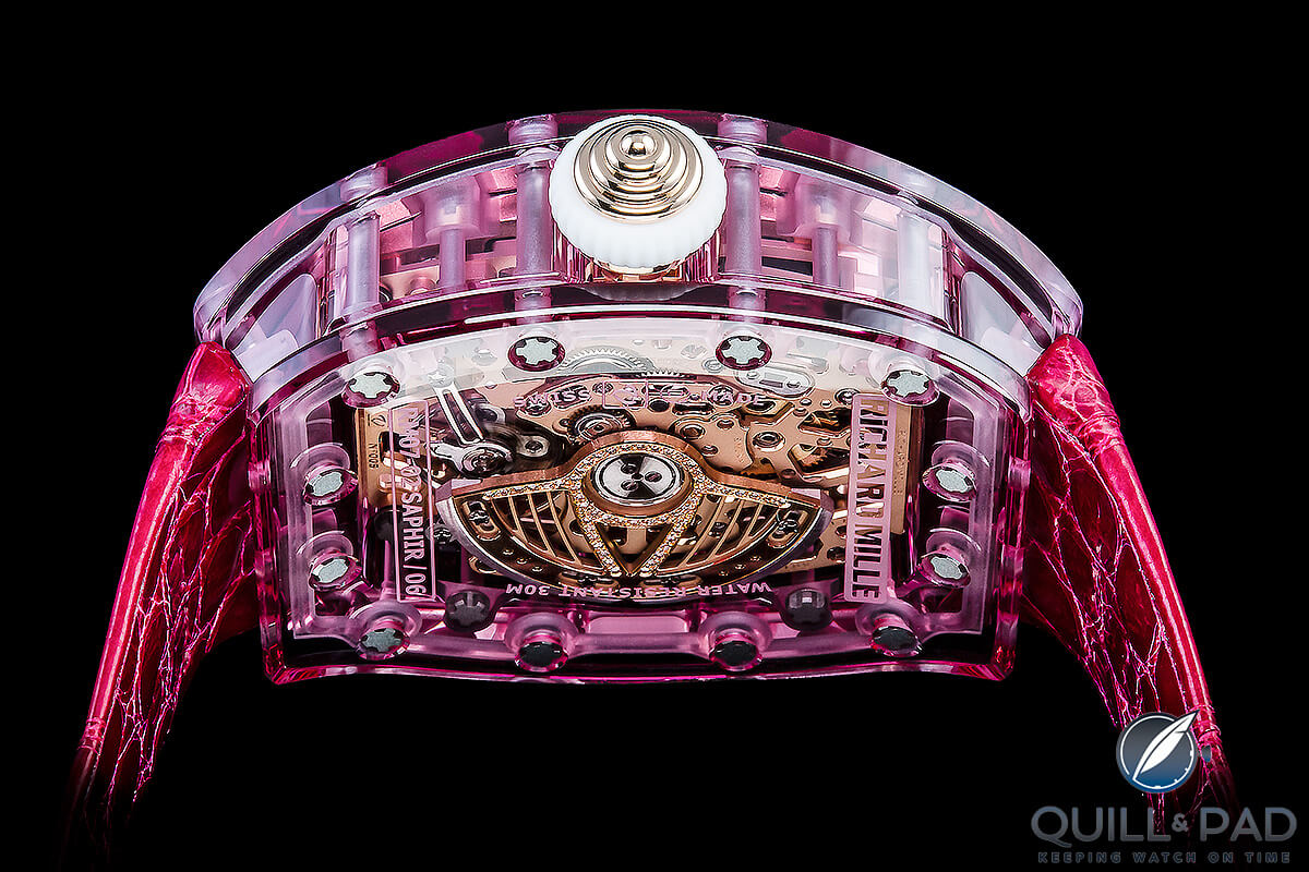 View through the sapphire crystal case into the movement of the Richard Mille RM 07-02 Pink Lady Sapphire