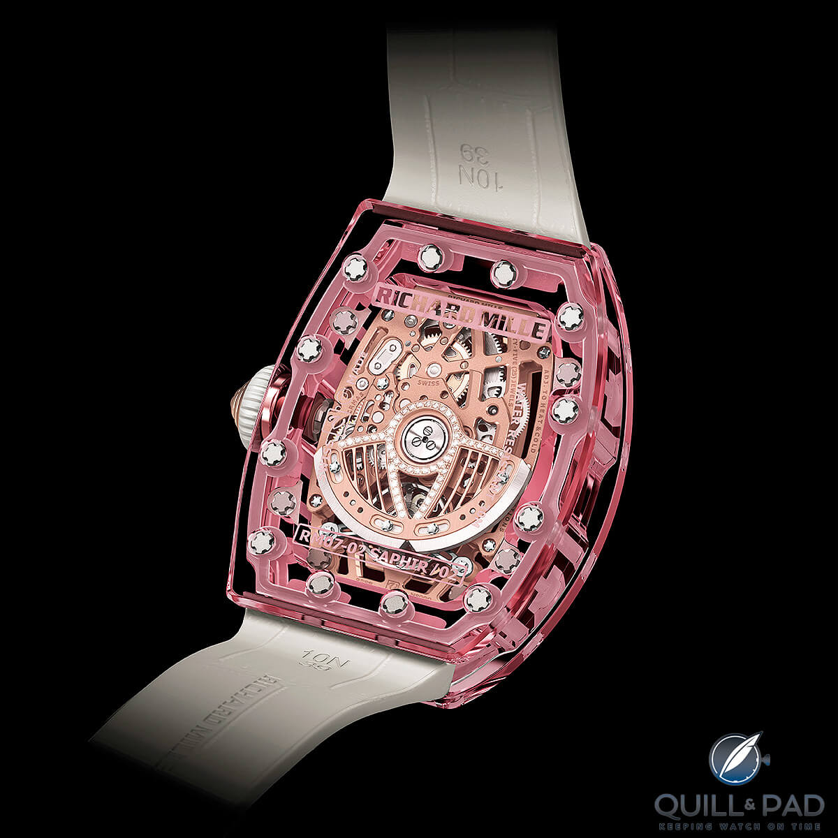 View through the display back to the variable geometry rotor of the Richard Mille RM 07-02 Pink Lady Sapphire