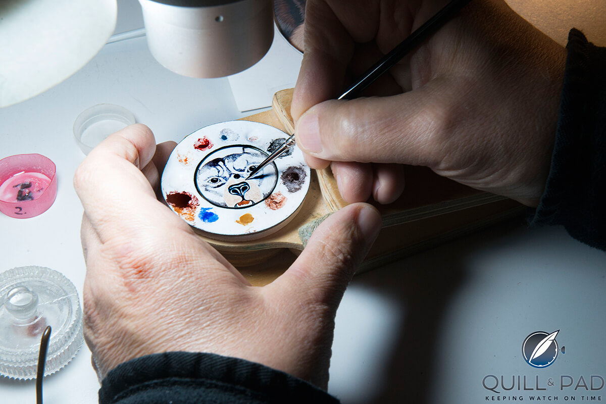 Slim d’Hermès Grrrrr enamel dial in the process of being painted