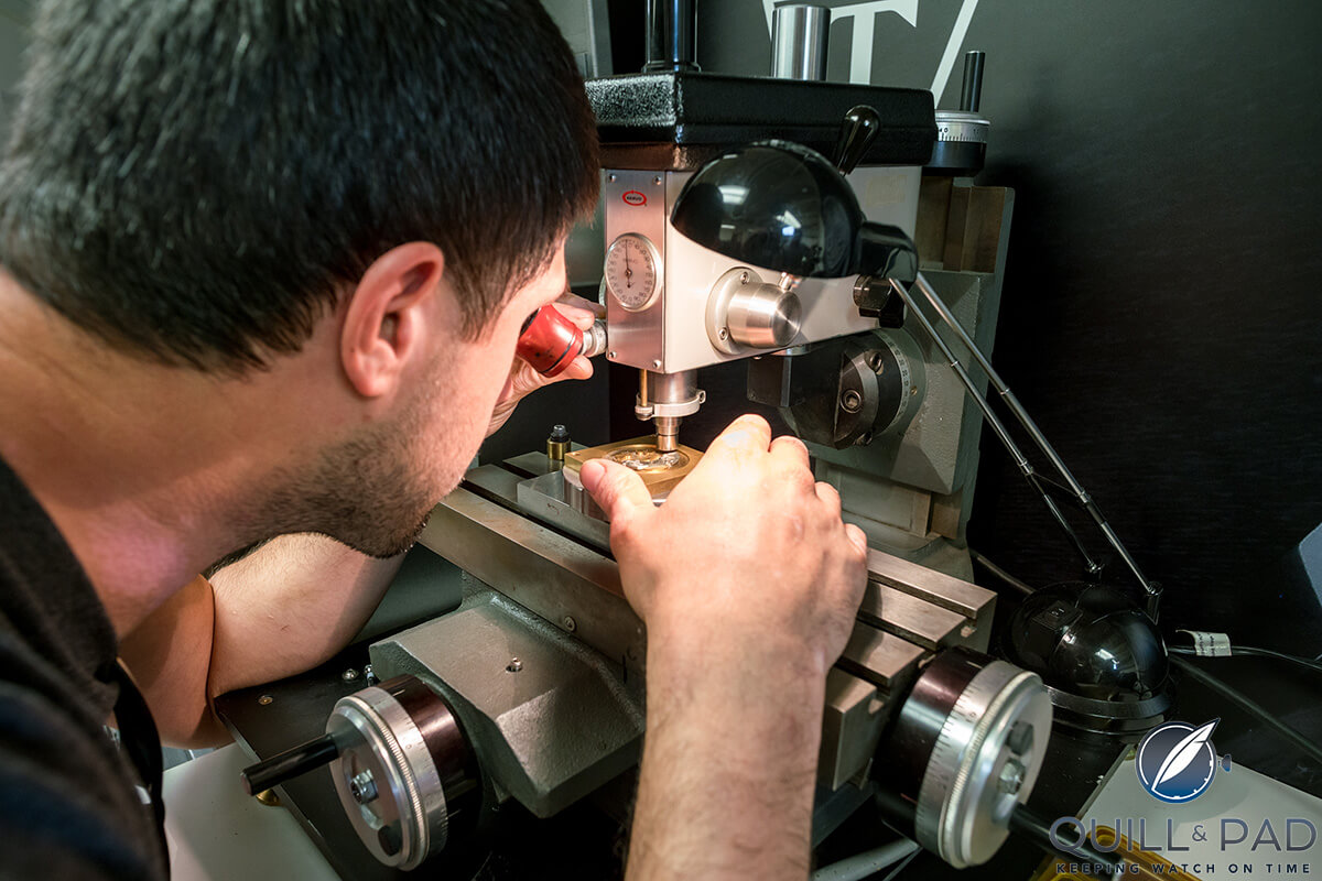 Joshua Munchow checking the quality of his Geneva waves at the RGM workshop