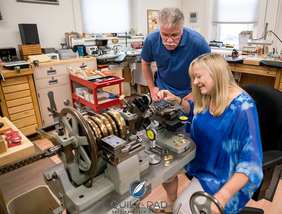 Elizabeth Doerr receiving a masterclass in guilloche from Roland Murphy