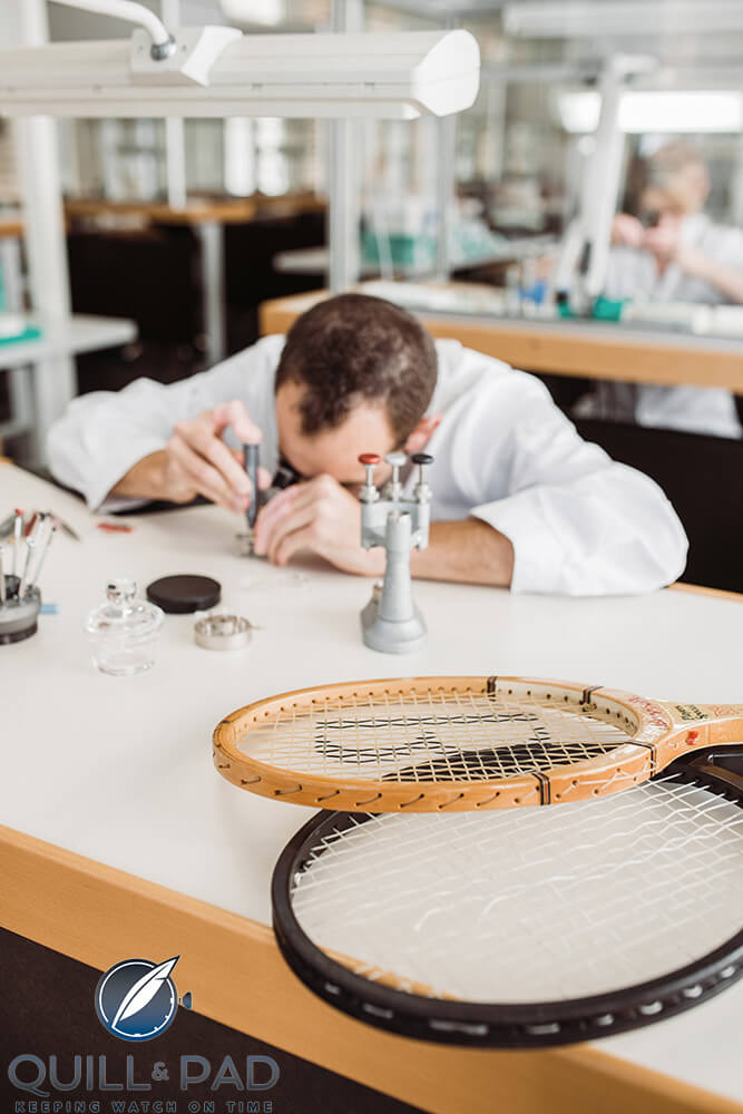 Dialmaker adding a string from Navratilova's 1987 Bancroft racquet to an Avantist Legend Series Martina Navratilova