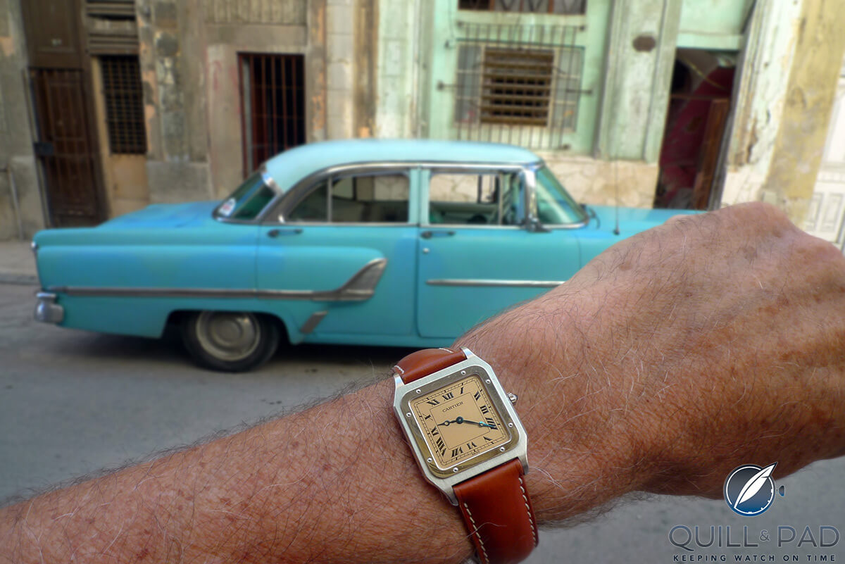 Cartier Santos Dumont wristshot with 1955 Mercury in Havana, Cuba (photo courtesy George Cramer)