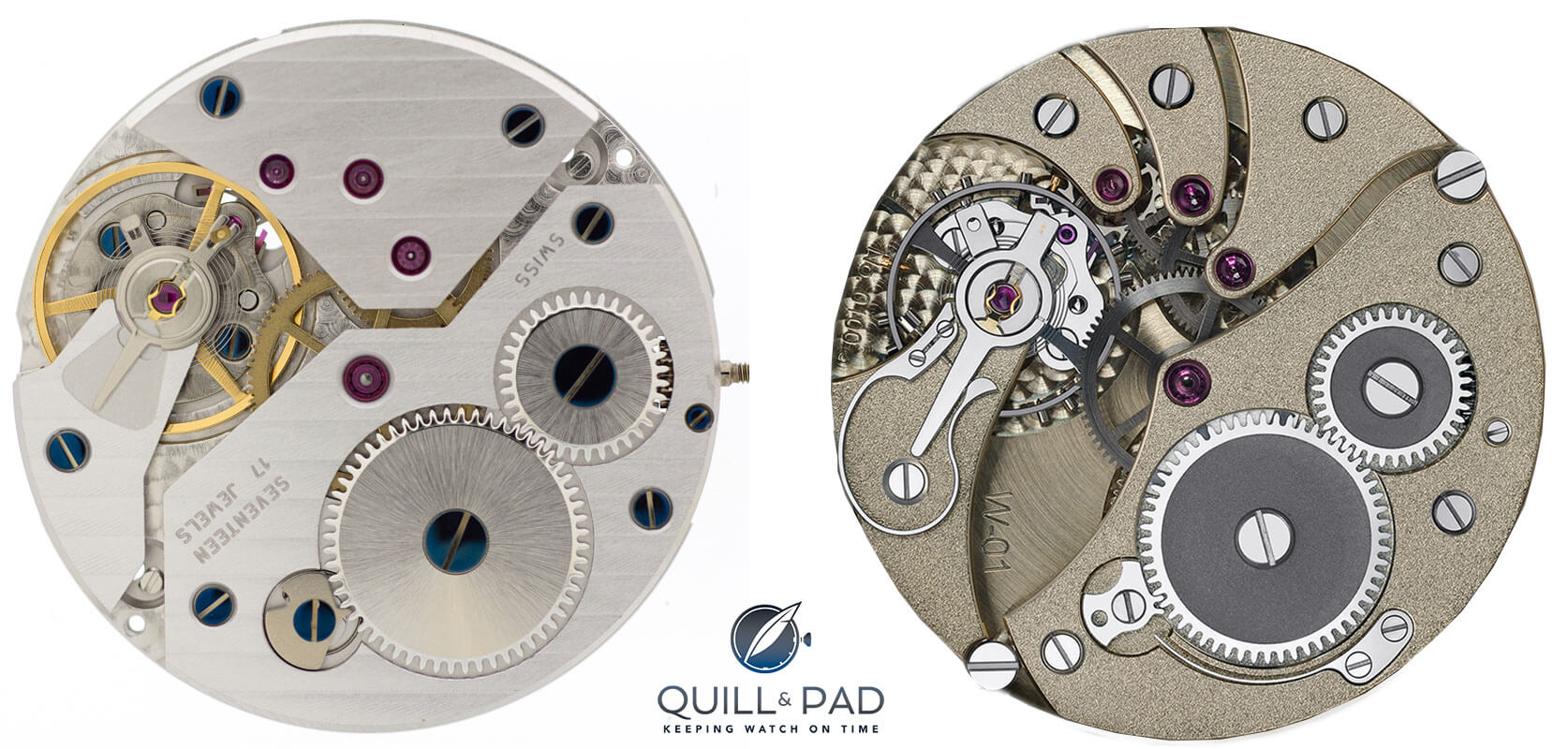 Standard Unitas 6498 movement left compared with the modified and hand finished WOSTEP Only Watch movement