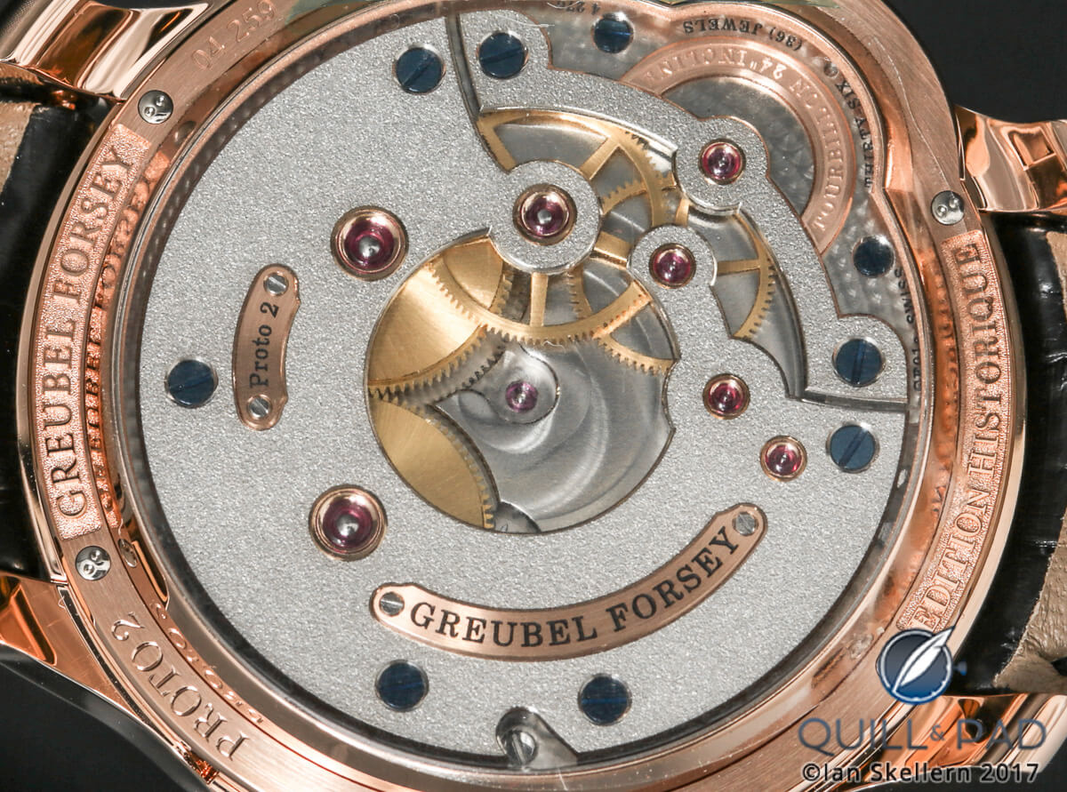 View through the display back of the Greubel Forsey Tourbillon 24 Secondes Edition Historique: note the frosted finish, over-sized jewels, gold chatons and beautifully polished chamfers with sharp internal edges