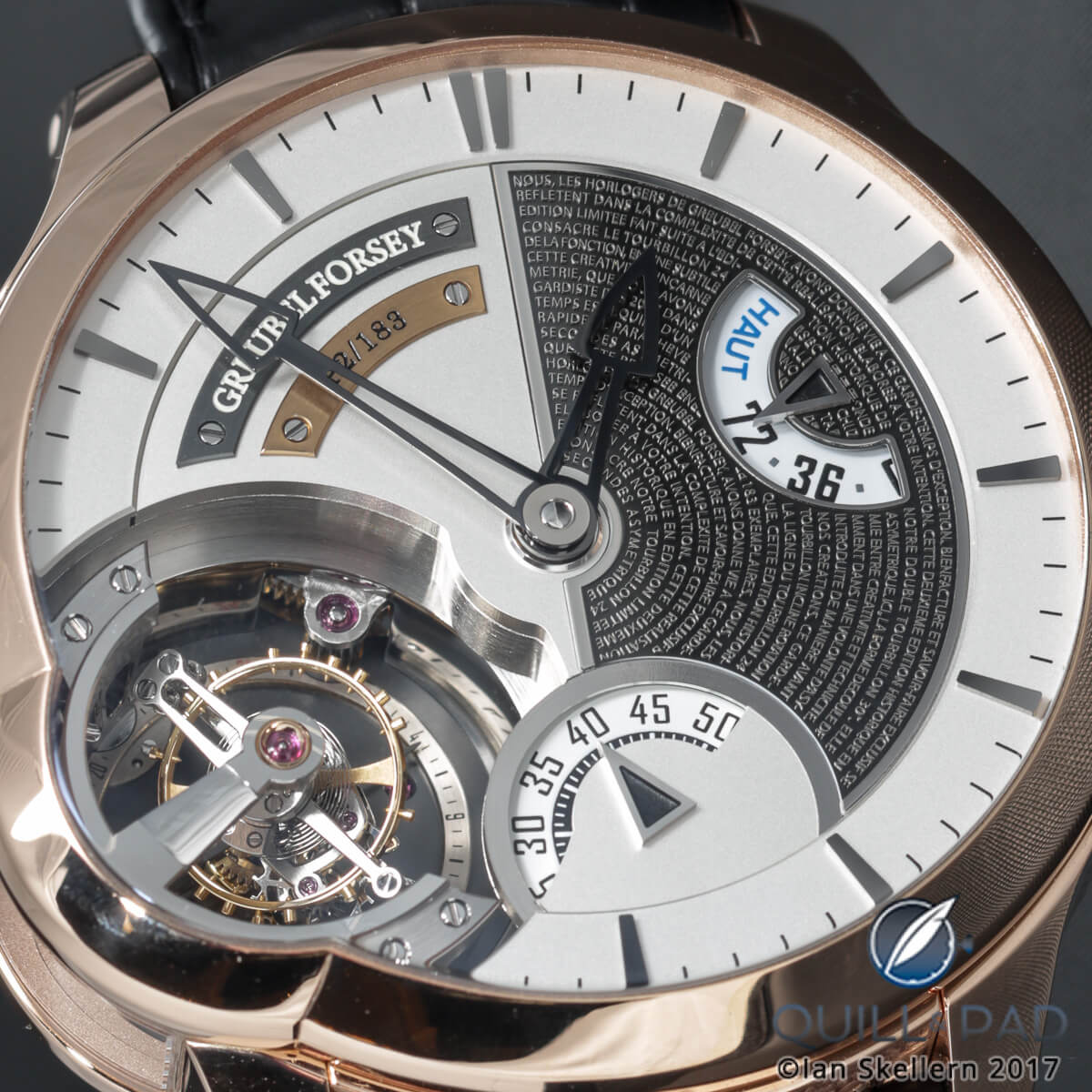 Close up look dial side of the Greubel Forsey Tourbillon 24 Secondes Edition Historique in red gold