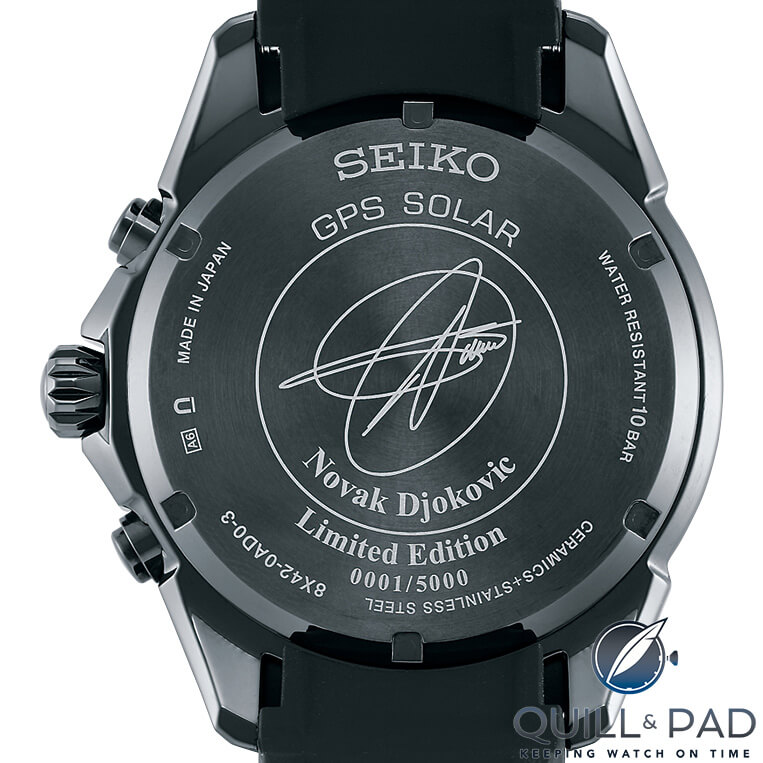 Engraved back of the Seiko Astron Novak Djokovic Limited Edition SSE143