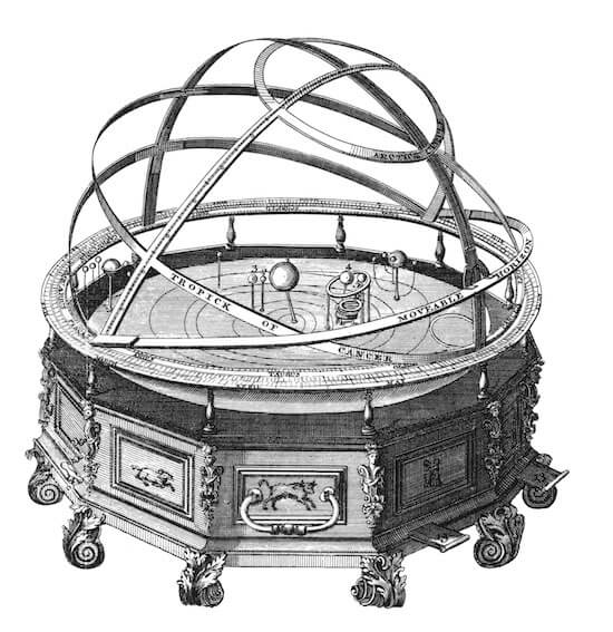 Drawing of an orrery by John Rowley from The Universal Magazine (image courtesy of www.blog.longnow.org)