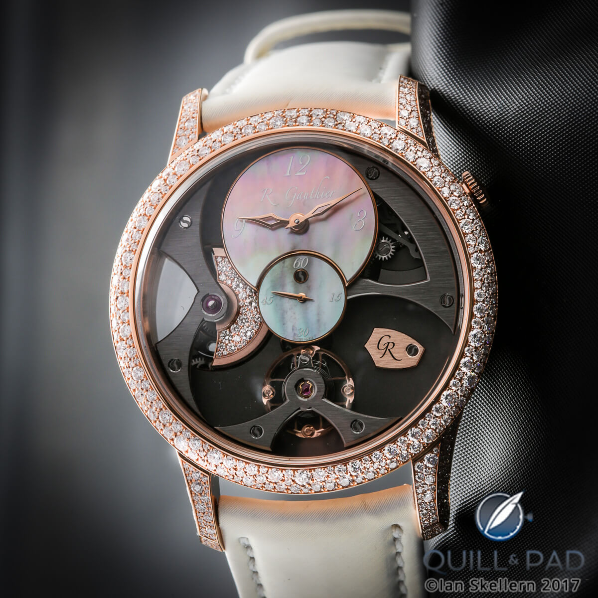Romain Gauthier Insight Micro-Rotor with diamond-set bezel and rotor plus mother-of-pearl dial