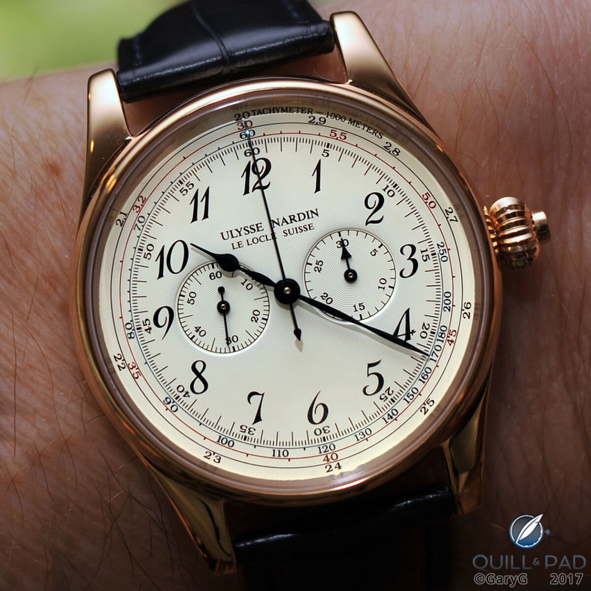 On the wrist: Ulysse Nardin Monopoussoir chronograph with movement designed by F.P. Journe