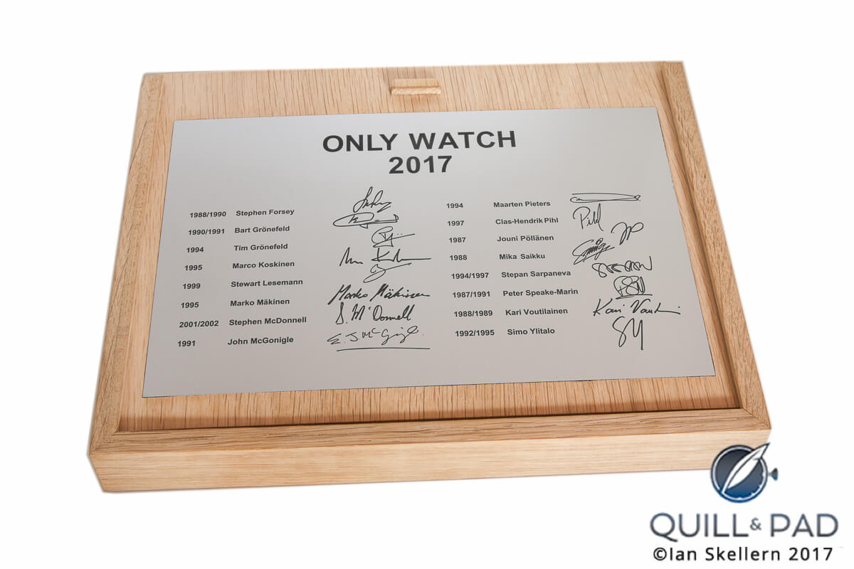 Signatures of 16 WOSTEP alumnis on the presentation case of the WOSTEP School Watch for Only Watch 2017