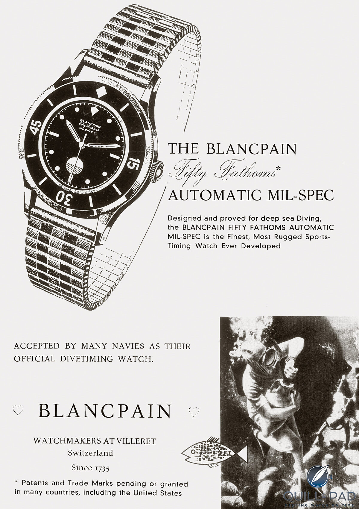Advertisement for the original Blancpain Fifty Fathoms MIL-SPEC