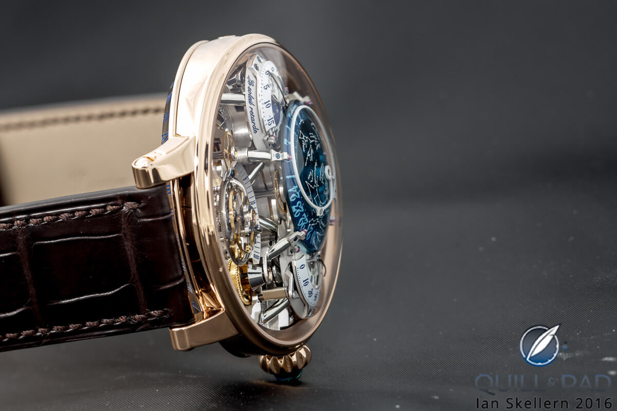 View from between the lugs at 6 o'clock highlighting the wedge-shape of the movement and case of the Bovet Récital 20 Astérium