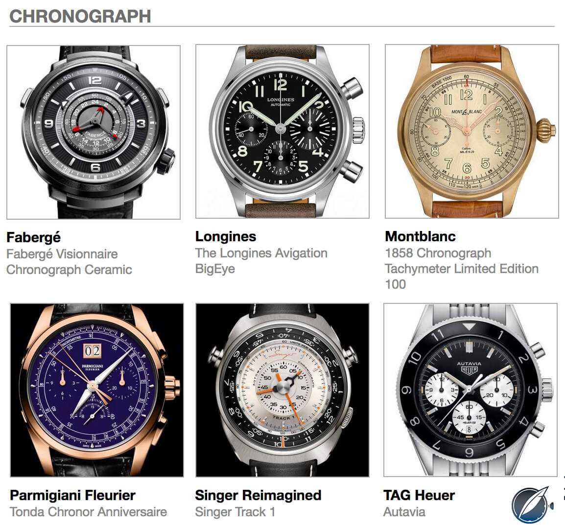 pre-selected Chronograph watches for the 2017 GPHG are, clockwise from top left above: Fabergé Visionnaire Chronograph Ceramic, Longines Avigation BigEye, Montblanc 1858 Chronograph Tachymeter Limited Edition 100, Parmigiani Fleurier Tonda Chrono Anniversaire, Singer Reimagined Track 1, and TAG Heuer Autavia.