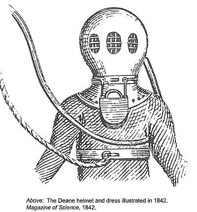 This illustration of the Deane diving helmet appeared in a an issue of Magazine of Science in 1842