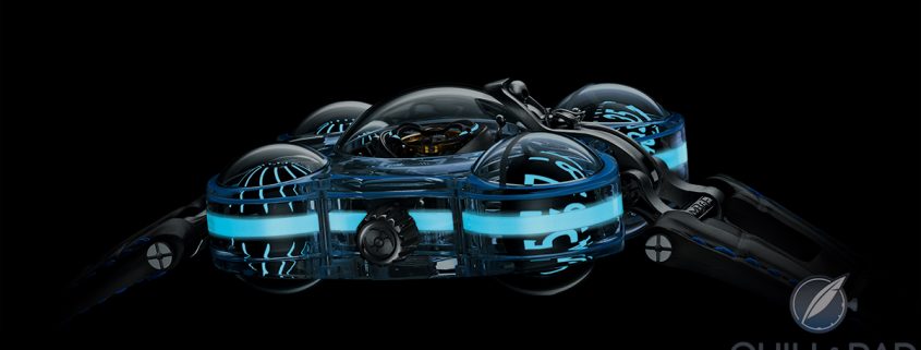 Black Badger AGT Ultra and Super-LumiNova provide a blue lume spectacular when the lights go down on MB&F HM6 Alien Nation