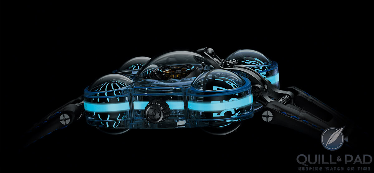 Black Badger AGT Ultra and Super-LumiNova provide a blue lume spectacular when the lights go down on MB&F HM6 Alien Nation