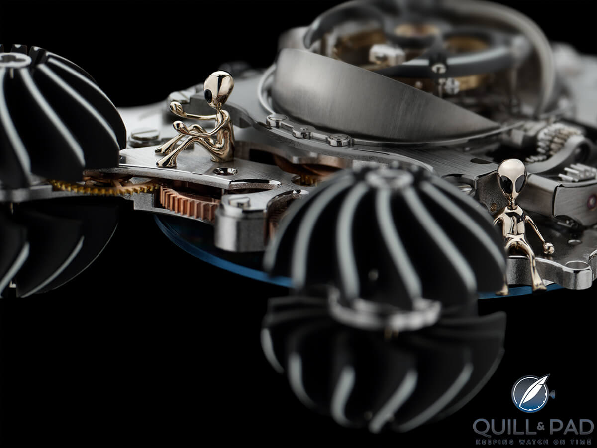 Close up look at a couple of the crew members of MB&F HM6 Alien Nation