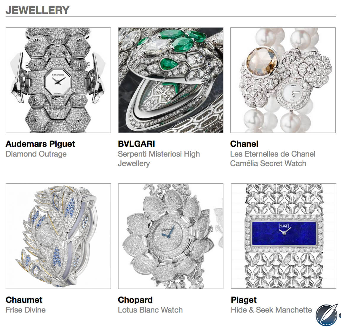 The pre-selected Jewellery watches for the 2017 edition of the GPHG are shown in the image above clockwise from top left: Audemars Piguet Diamond Outrage, Bulgari Serpenti Misteriosi High Jewelry, Chanel Les Eternelles de Chanel Camélia Secret Watch, Chaumet Frise Divine, Chopard Lotus Blanc, and Piaget Hide & Seek Manchette.