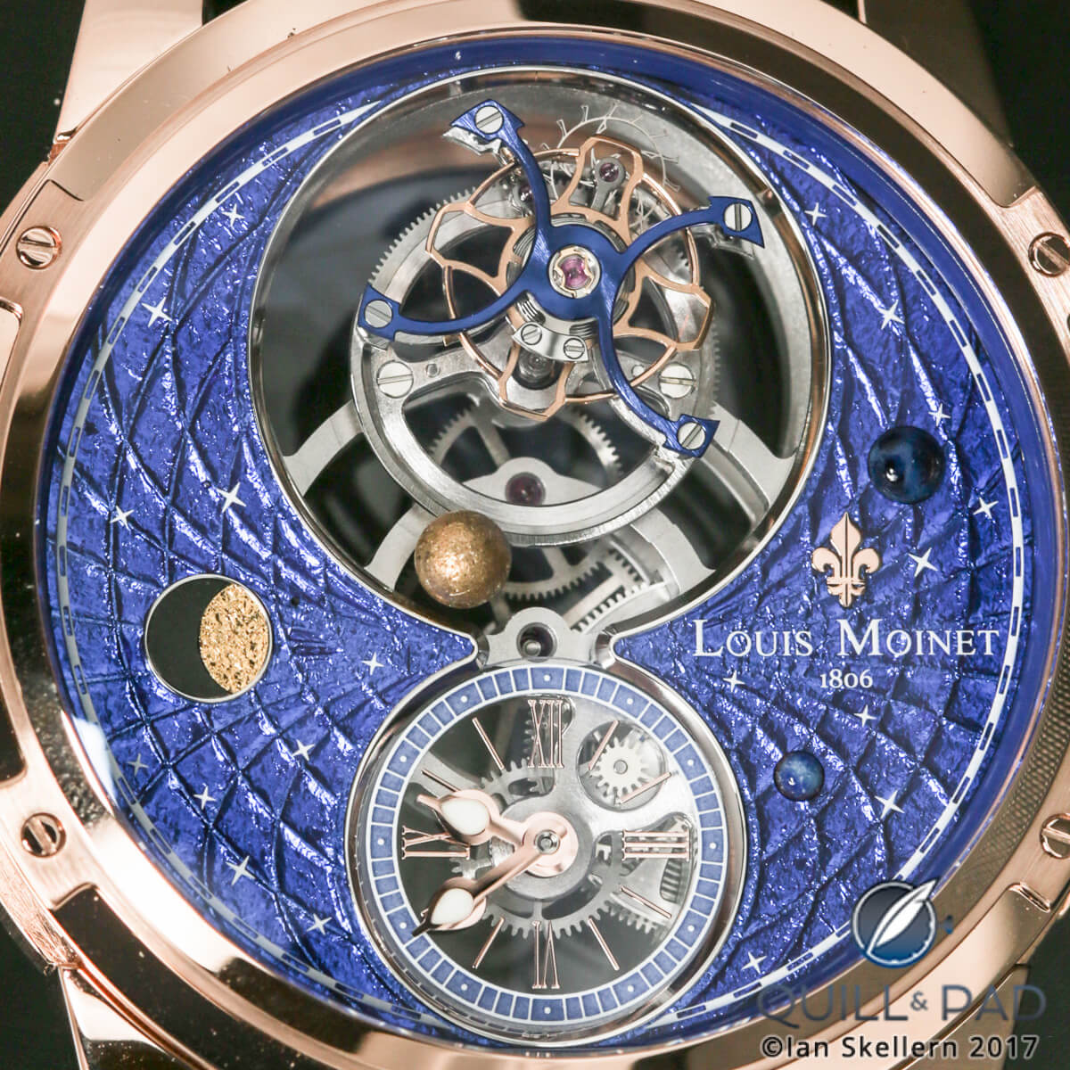 Close up look dial side at the tourbillon and indications of the Louis Moinet Space Mystery