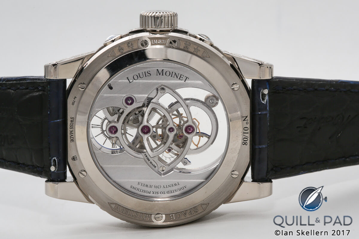 View from the back through the movement of a white gold Louis Moinet Space Mystery