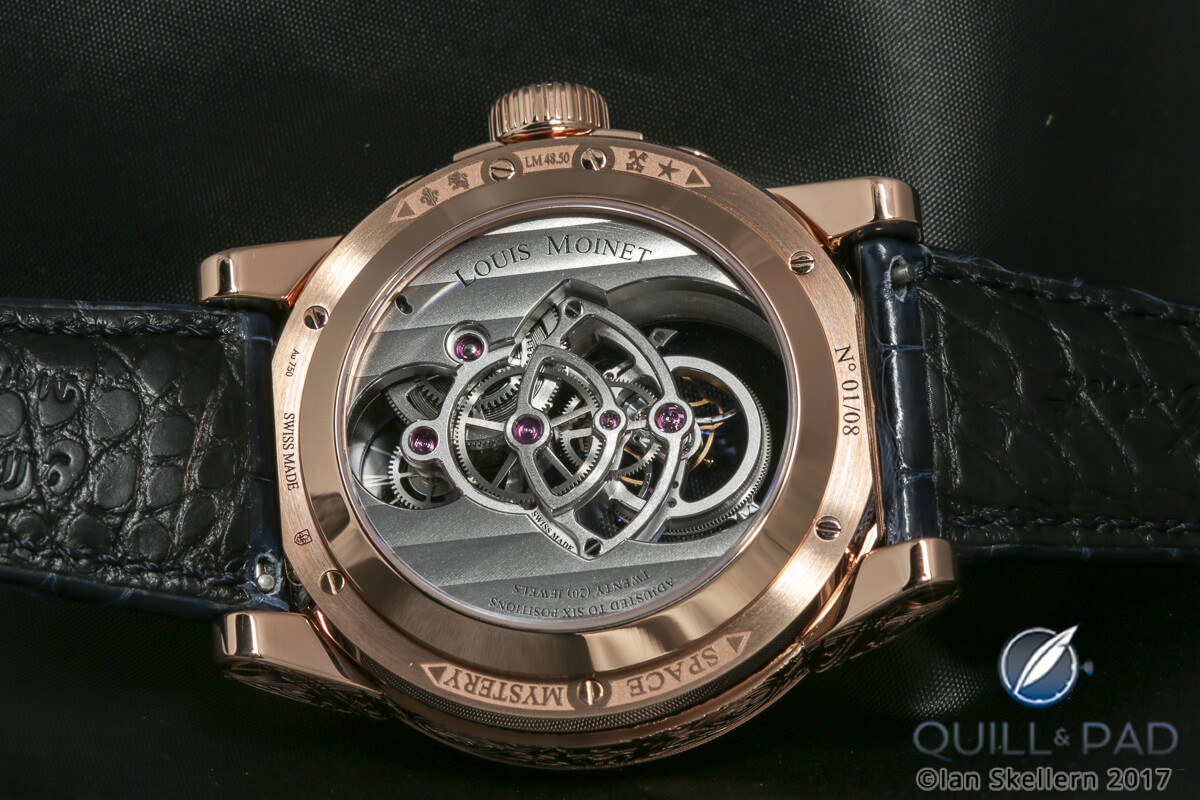 View through the display back to the symmetrical movement of the Louis Moinet Space Mystery