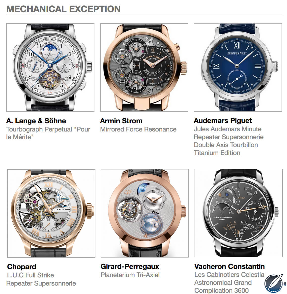 pre-selected Mechanical Exception watches for the 2017 GPHG are clockwise from top left above: A. Lange & Söhne, Tourbograph Perpetual Pour le Mérite, Armin Strom Mirrored Force Resonance, Audemars Piguet Jules Audemars Minute Repeater Supersonnerie, Chopard L.U.C Full Strike, Girard-Perregaux Planetarium Tri-Axial, and Vacheron Constantin Les Cabinotiers Celestia Astronomical Grand Complication 3600.