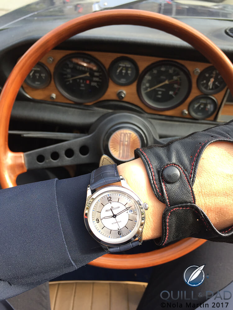 Nola wearing a Jaeger Le-Coultre Master Control Date in steel in the 2017 Passione Engadina rally