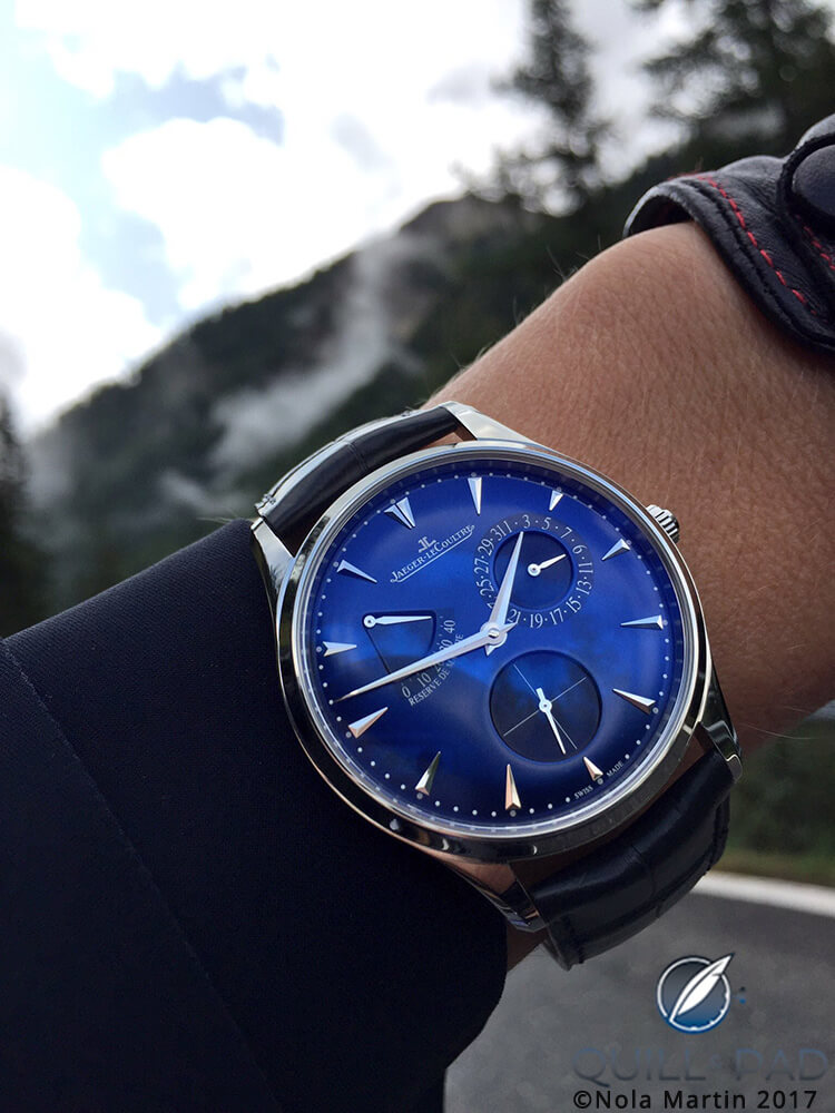 Blue-dialled Jaeger-LeCoultre Master Ultra Thin Reserve de Marche at the start of the 2017 Passione Engadine rally in St. Moritz
